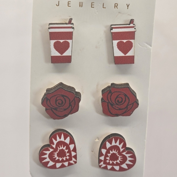 Red Rose and Heart Earrings Set - Picture 2 of 3